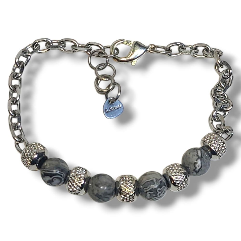 Stainless Steel Bracelet Gray Black Stone Beads‎ Adjustable 8–9" S. Steel Tag